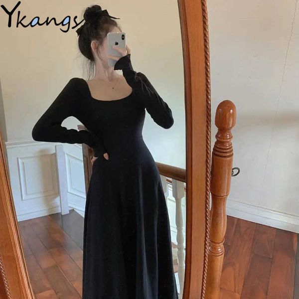 

elegant long sleeve sweater dress women knit square collar spring dress female solid color slim a-line casual vintage dress 210619, Black;gray
