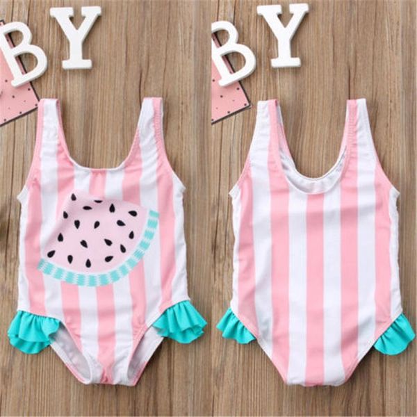 

0-3t,baby girls sleeveless one-piece swimsuit watermelon stripe print ruffle swimwear kids summer cute beachwear one-pieces, Black