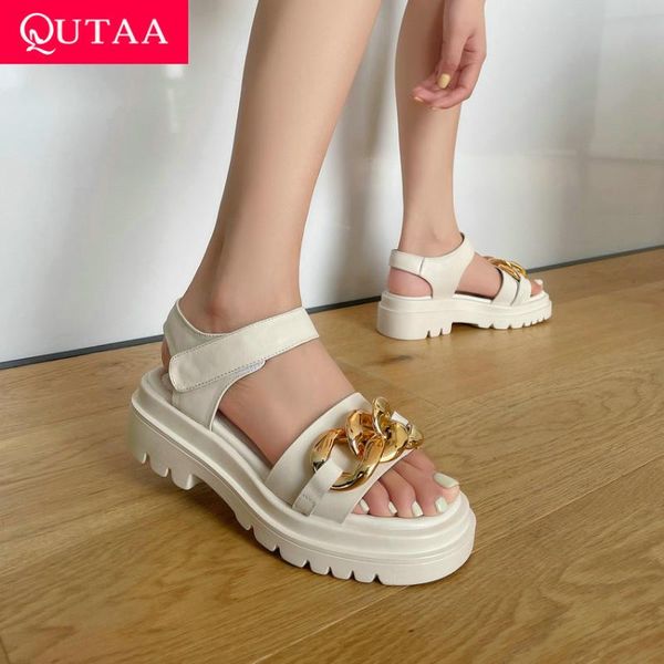 

dress shoes qutaa 2021 metal decoration open toe women pumps genuine leather casual sandals square heel hook&loop female size 34-39, Black