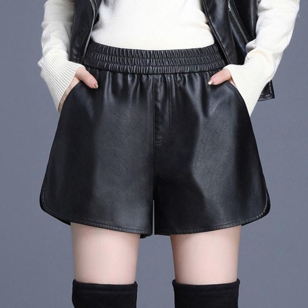 

women's shorts pu leather pockets high waist women 2021 spring black plus size 5xl short pants casual streetwear basic female pant y64, White;black