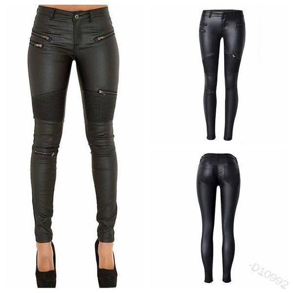 

women's pants & capris low waist leather pu women streetwear fake zippers white cargo punk push up plus size skinny coated jean mujer, Black;white