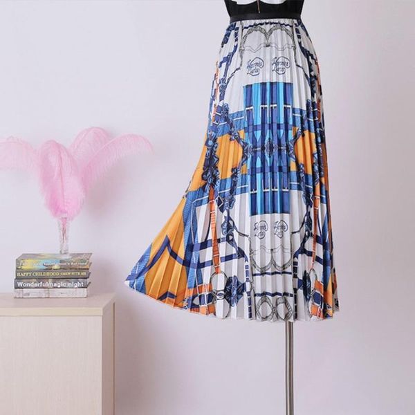 

38#women vintage pleated zipper high waist skirt a-line printing pretty women's outerwear skirts summer long, Black