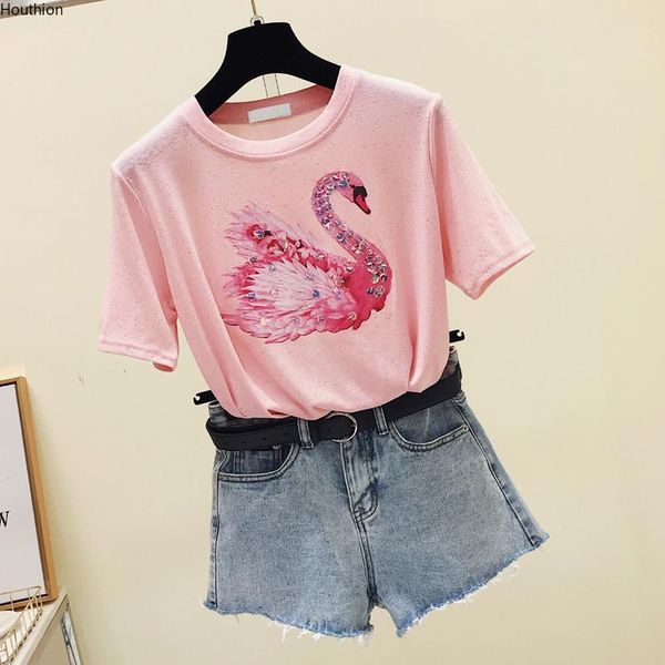 

houthion cotton sequins women's t-shirt short sleeve o-neck t shirt summer regular fashion tshirt casual korean, White