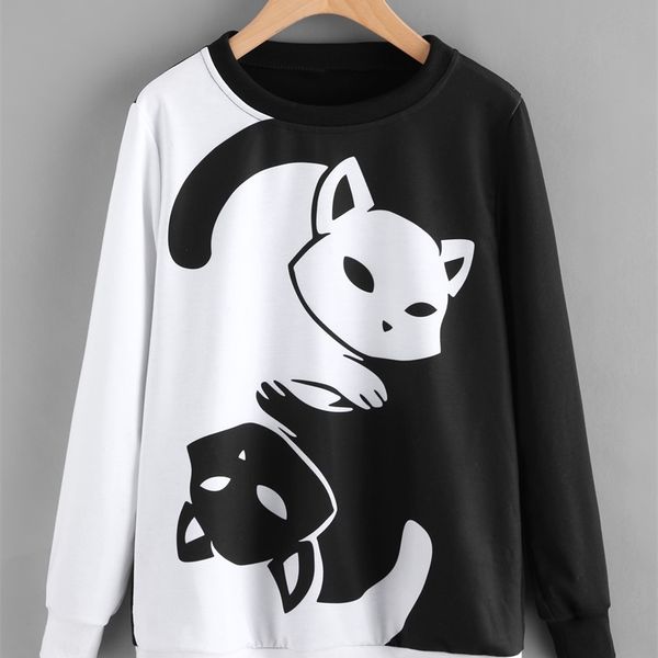 

new autumn winter long sleeve cat print color matching sweater t-shirt, Black