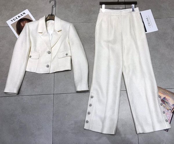 

women's two piece pants 2021 women fashion suit short coat + wide leg 2-piece set 1019, White