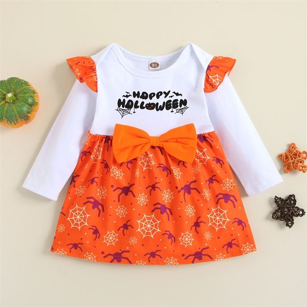 Детская одежда Девушки Хэллоуин лук летающие рукава платье младенцев тыква паука печать принцессы платья весна осенний бутик мода 1785 b3