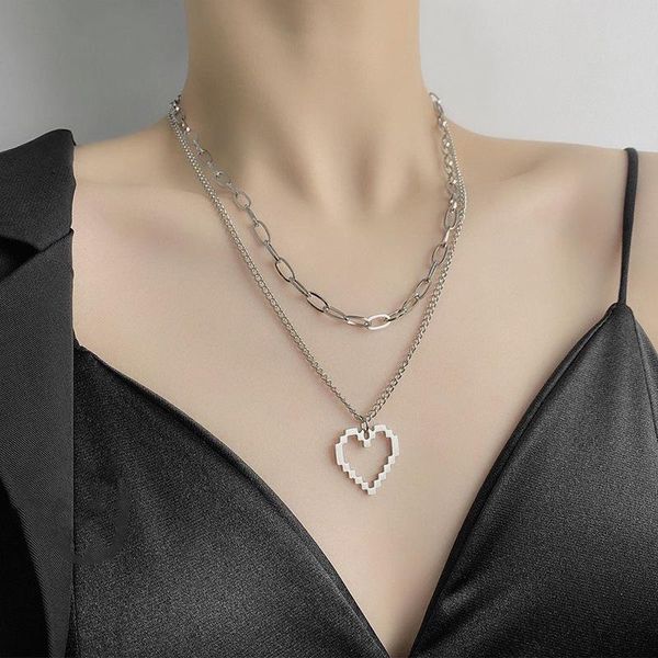 

chains heart mosaic necklace for women 2021 vintage style multilayer choker titanium steel men's neck long aesthetic jewelry, Silver