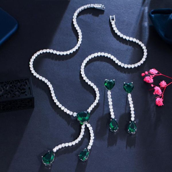 

earrings & necklace cwwzircons shiny elegant dangle water drop green cubic zirconia wedding collection jewelry set for brides t556, Silver