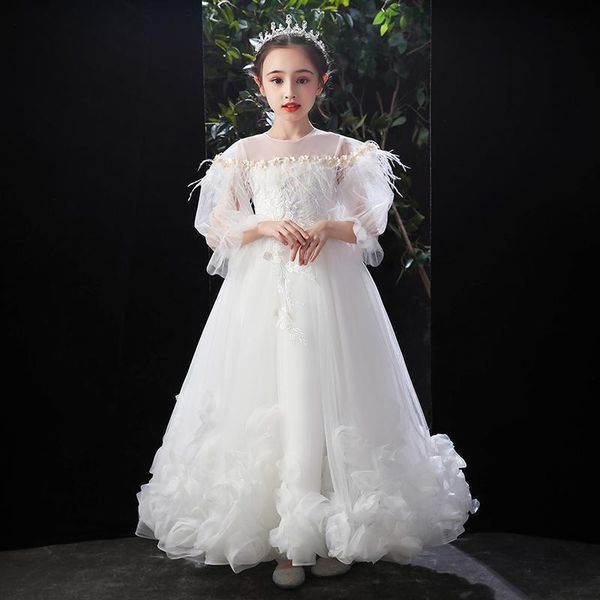 

girl's dresses flower girl dress illusion full embroidery crystal o-neck appliques princess floor-length tulle lace white kids party go, Red;yellow