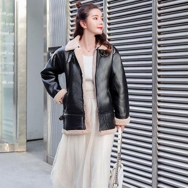 

women's leather & faux women black fur jacket coat turndown collar ladies 2021 winter thick warm oversized