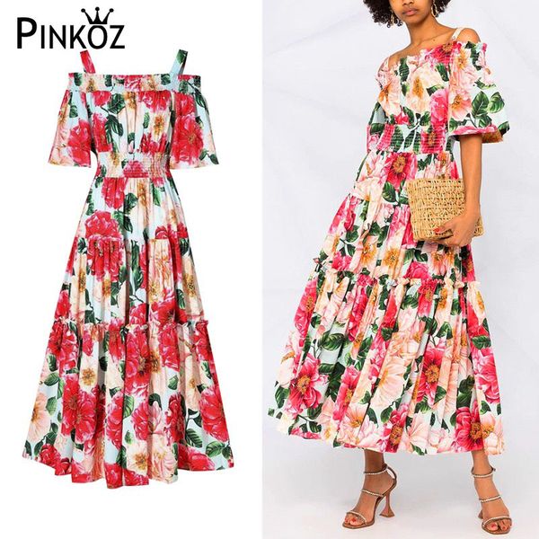 Sommer Landebahn Mode Maxi Lange Urlaub Kleid Dame Floal Print Elastische Taille Knöchel Länge Spaghetti Strap Kleider Vestidos 210421