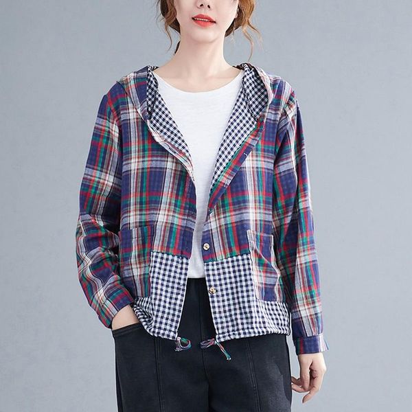 

women's jackets daily casual cotton women hooded 2021 autumn vintage plaid loose female long sleeve outerwear coats cardigans, Black;brown