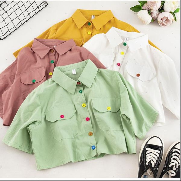 

sweet color button short sleeve womens shirts korean summer turn down collar casual women single breasted style, White