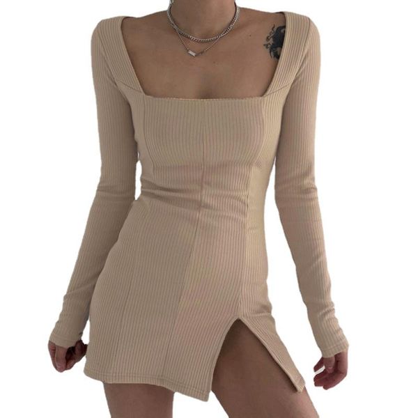 

casual dresses 2021 elegant square collar ribbed black dress female knitted side slits tight long-sleeved fashion mini, Black;gray