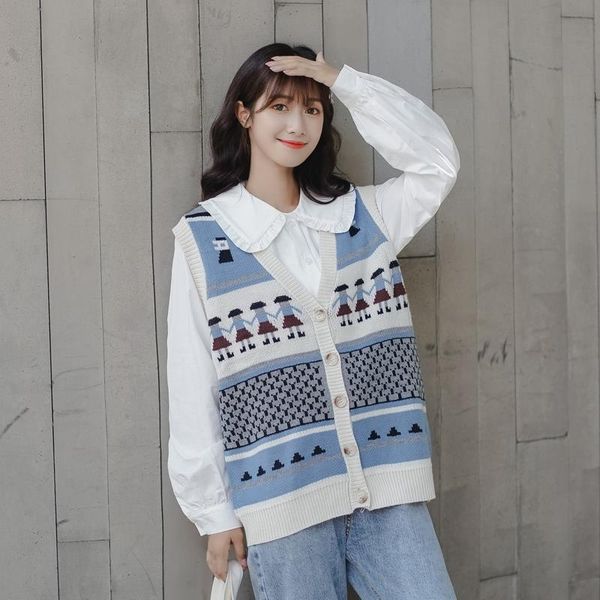 

women's knits & tees retro knitted sweater vest cardigan sweet shirt bottom coat japanese girls' fresh fashion in spring and autum, White