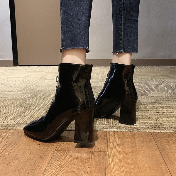 

boots female autumn wild korean fashion patent leather short thick with high heels front zipper children, Black