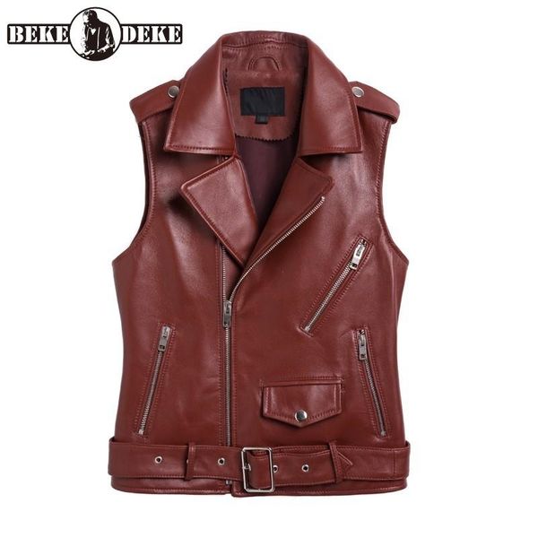 

women's vests slim lapel genuine leather vest women motorcycle sheepskin sleeveless jacket brand street zipper office lady short waistc, Black;white