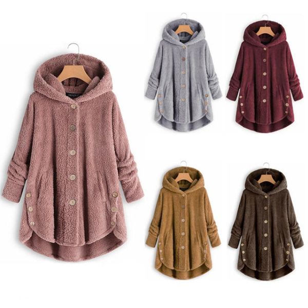 

women's fur & faux autumn and winter hooded jacket female casual warm solid color pregnant loose irregular buttons coat, Black