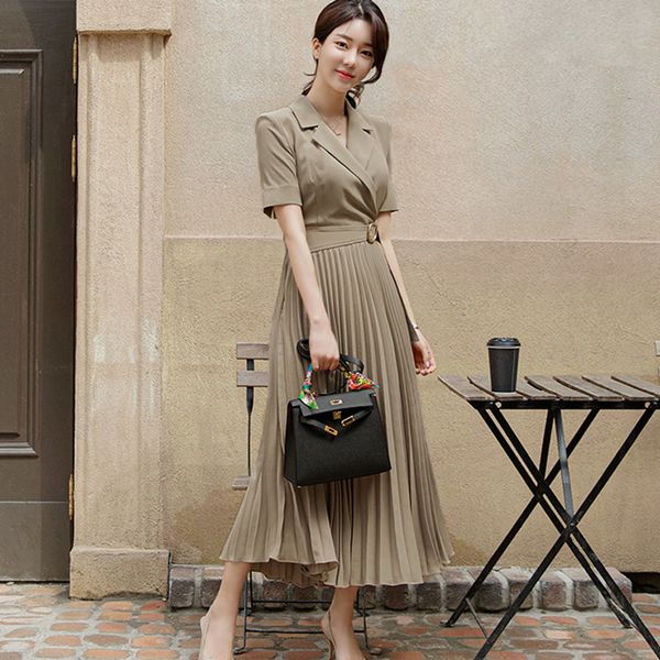 

elegant inlaid collar female occupation office simple summer dress long fashion short sleeves strapped together ezmq, Black;gray