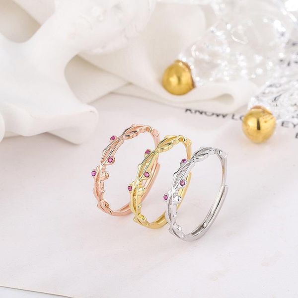

cluster rings flower branch winding ring 925 sterling silver pink zircon adjustable fashion 2021 woman diy jewelry valentine's day gift, Golden;silver