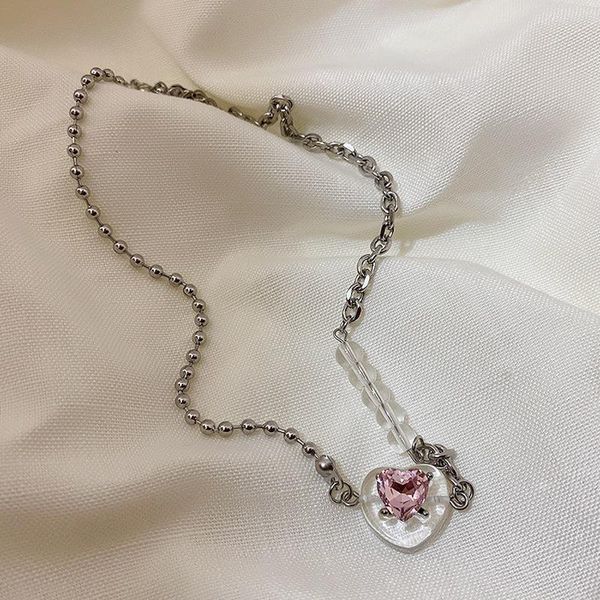 

pendant necklaces allme sweet transparent resin love heart pink crystal necklace for women asymmetry chokers accessories, Silver