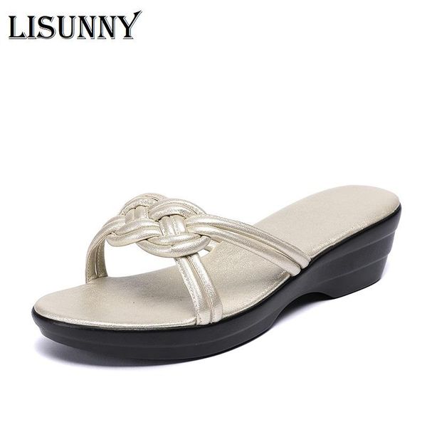 

slippers lisunny fashion flip flops beach shoes genuine leather women 2021 summer platform, Black