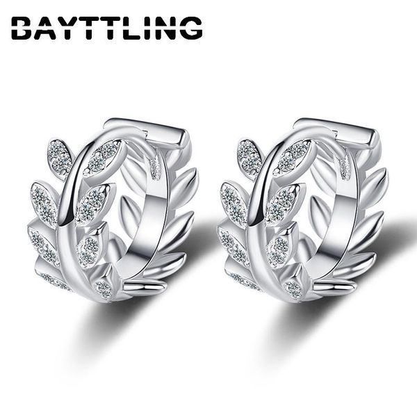 

hoop & huggie bayttling 925 sterling silver 13mm luxury gold/silver leaf circle earrings for women fashion cz zircon jewelry gifts, Golden;silver