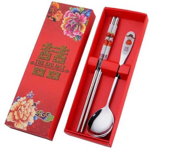 

flatware sets 200pcs/lot stainless steel dinnerware double happiness red color spoons chopstick wedding party gifts for guest sn727
