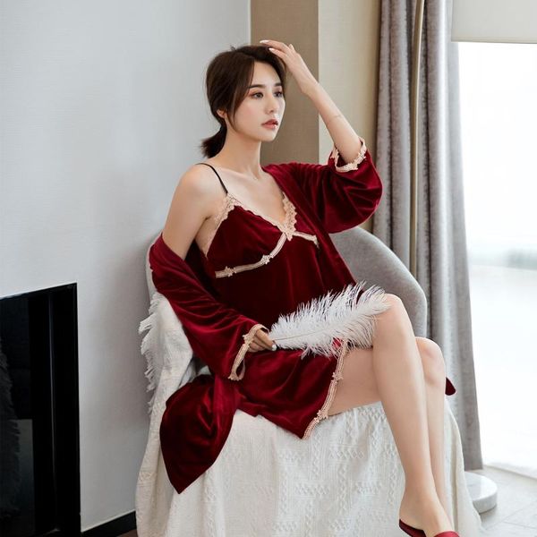 

autumn kimono bathrobe gown women sleepwear velvet 2pcs robe set homewear nightwear casual nightgown lace sleep women's, Black;red
