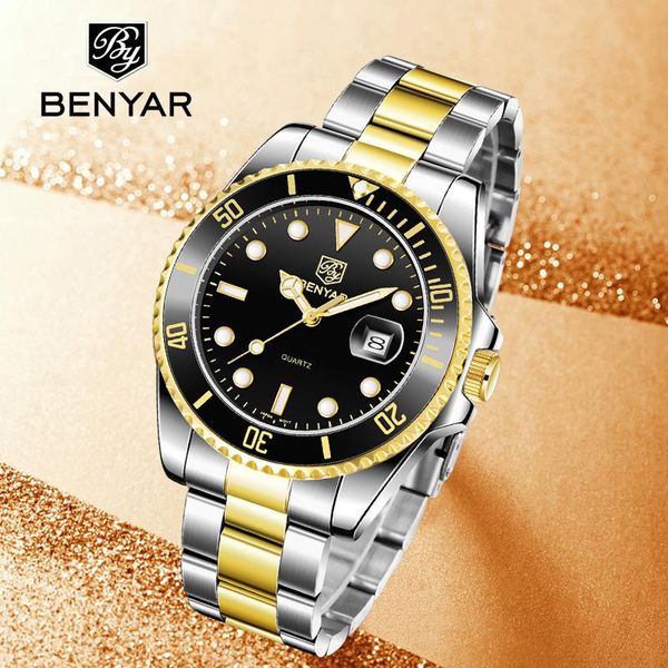 

wristwatches 2021 benyar business sports men's quartz watches stainless steel waterproof men wrist watch relogio masculino, Slivery;brown