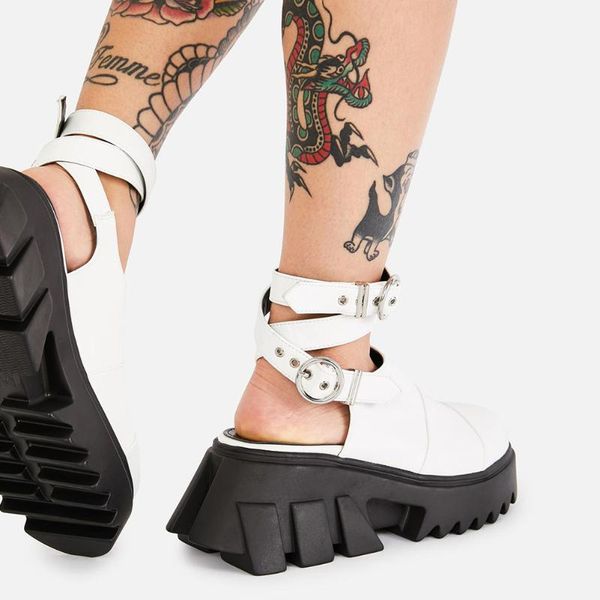 

cool round toe punk chunky heels ankle strap buckle shoes for women casual leisure trendy platform goth sandals, Black