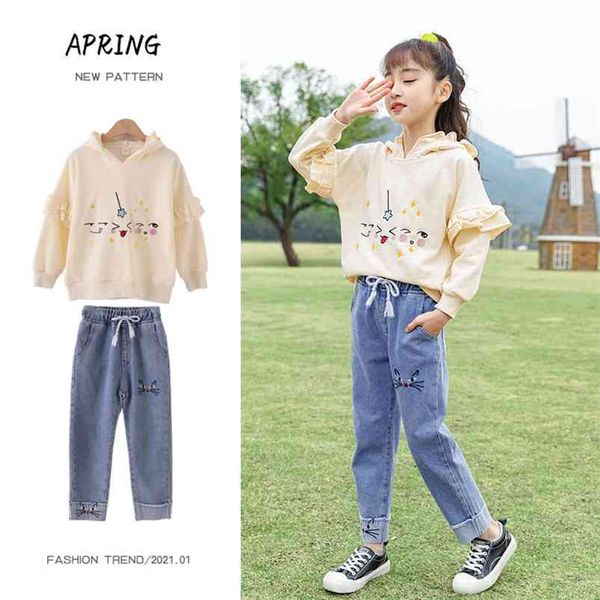 

fashion kids girls clothing set cartoon cat hooded coats and denim pants 2 piece outfits costumes for children sport sets 210622, White