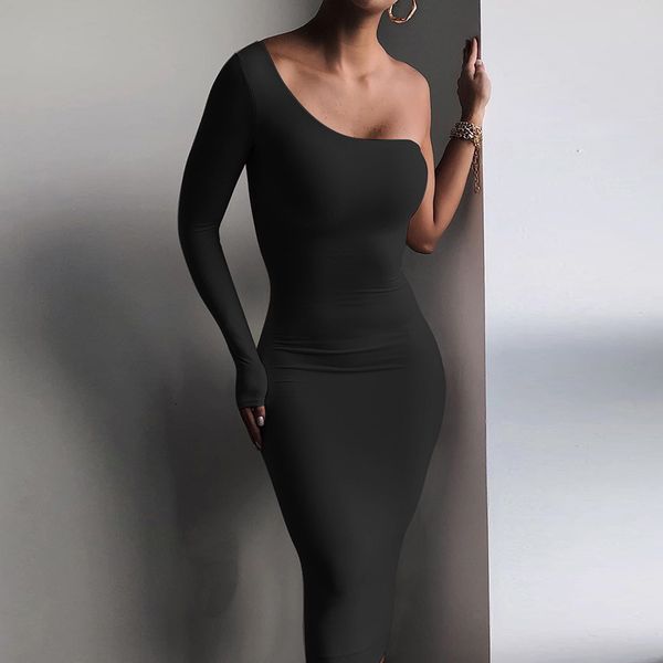 

casual dresses european and american women's black white blue one-shouldered long-sleeved tights dress l10h, Black;gray