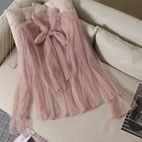 

women's blouses & shirts 2021 spring bow solid flare sleeved women blouse lady elegant see through female bottoming, White