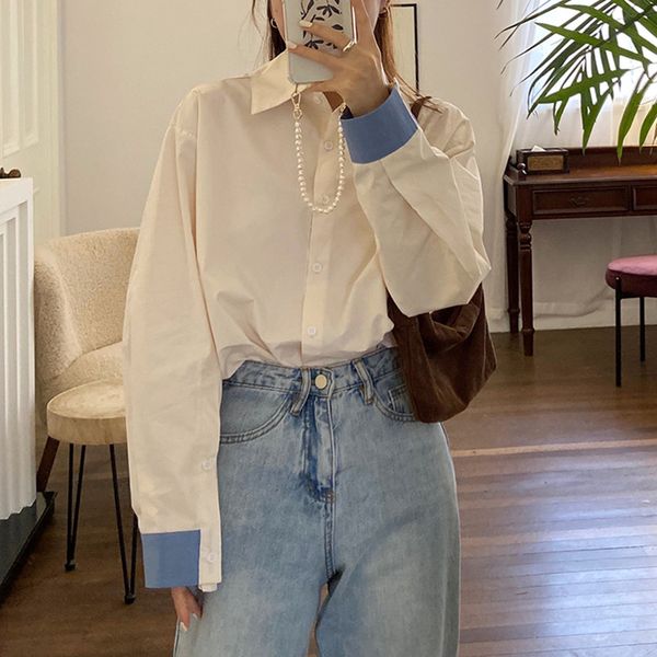 

2colors solid color cotton shirt korean style long sleeve blouses 2021 patchwork spring loose womens and blouse (f4226), White