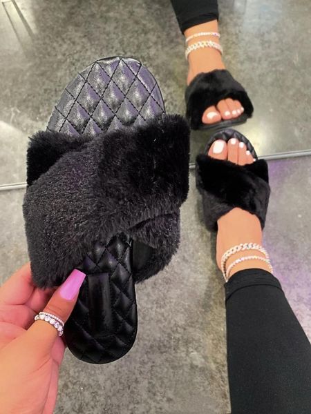 

fashion furry slippers women fur home fluffy sliders plush summer flats sweet ladies shoes plus size 35-43, Black