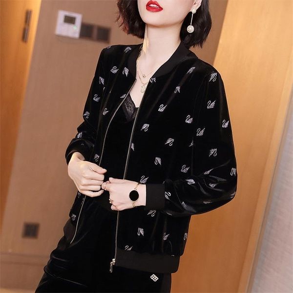 

casual velvet coats women's fashion autumn stand neck swan print loose baseball jackets elegant long sleeve zipper black outwear 210914, Black;brown