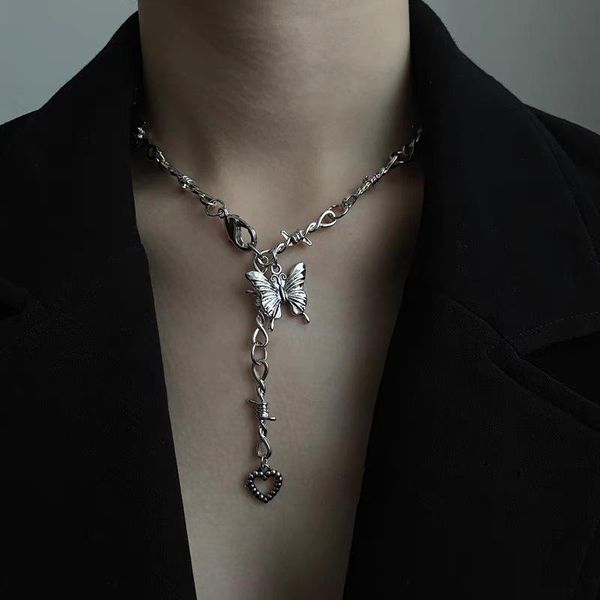 

pendant necklaces origin summer street style asymmetry butterfly necklace for women hollow love heart tassel adjustable jewelry, Silver