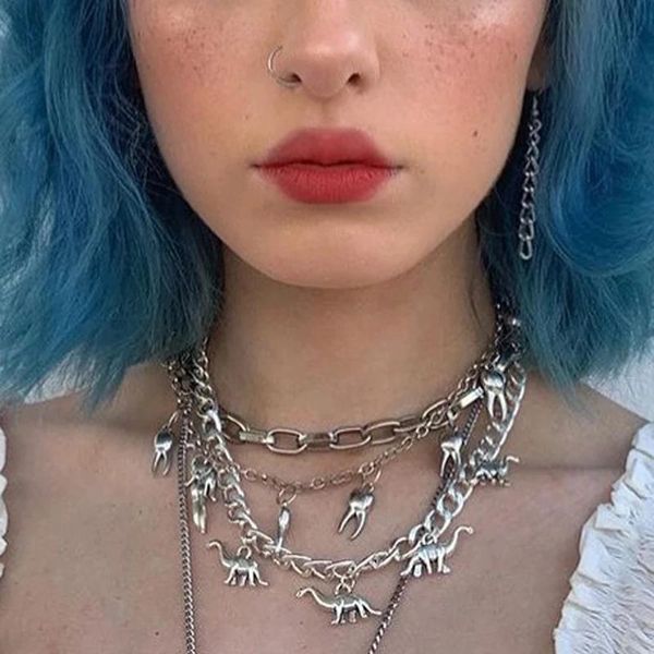 

chains vintage trendy metal dinosaur shape pendant necklace for women girl men hip hop punk fashionable retro animal choker jewelry, Silver