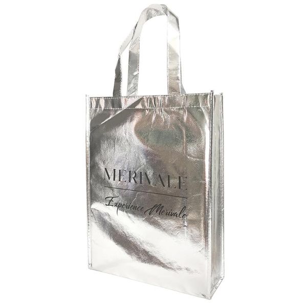 

gift wrap custom handled bags with logo glossy shiny silver metallic non woven fabric luxury wigs packaging boutique party favor