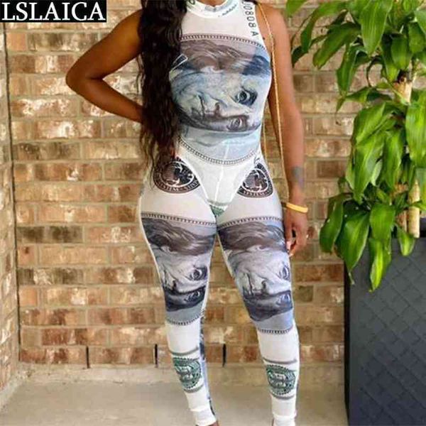 

fashion dollar print two piece set and pants women sleeveless o neck bodysuit long trousers sweatsuits sets vestiti 210515, White