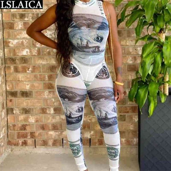 Moda Dólar Imprimir Duas peças Set Top e Calças Mulheres Sem Mangas O Neck Sexy Bodysuit Calças Longas Sweatsuits Conjuntos Vestiti 210515