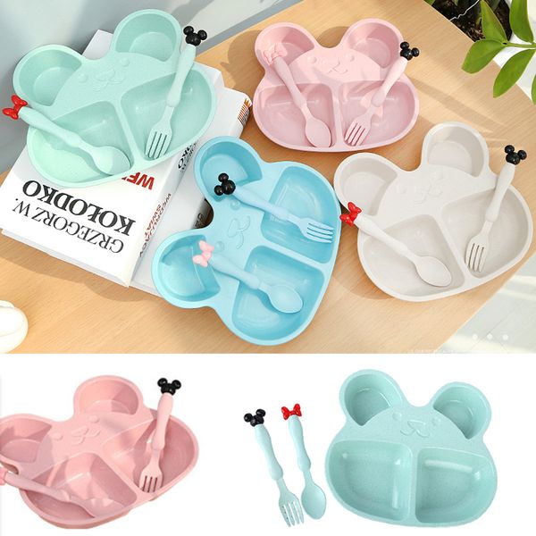 

wheat straw plates baby training bowl plate+spoon+fork cute bear food tableware set kids dishes opp packaging for baby feeding