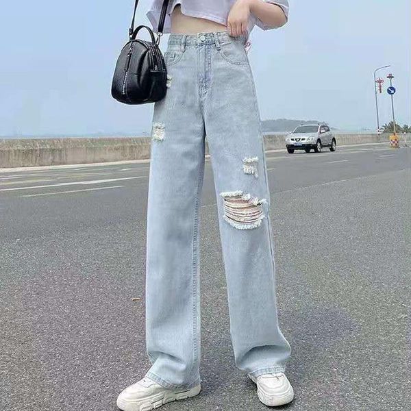 

women's jeans zoki hole denim women straight casual ripped high waist light blue lady pants korean style autumn fashion 2021