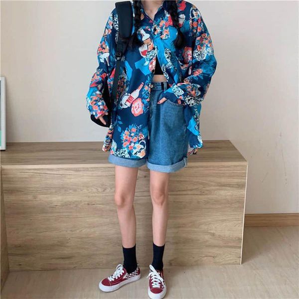 

women's blouses & shirts printed shirt men and women oversized thin long-sleeved blouse female autumn tide design cardigan jacket goth, White