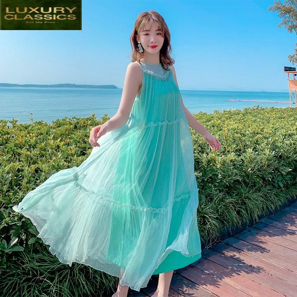 

casual dresses women summer silk dress long sleeveless white beach maxi party vestidos verano 2021 clothes 08001, Black;gray