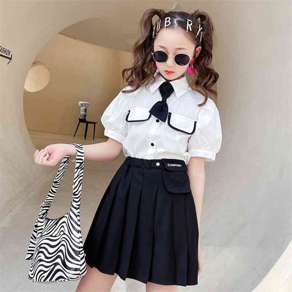 

summer teenage girls skirts set white short sleeve blouse and black skirt puff shirt for toddlers clothes 10 to 12 years 210622