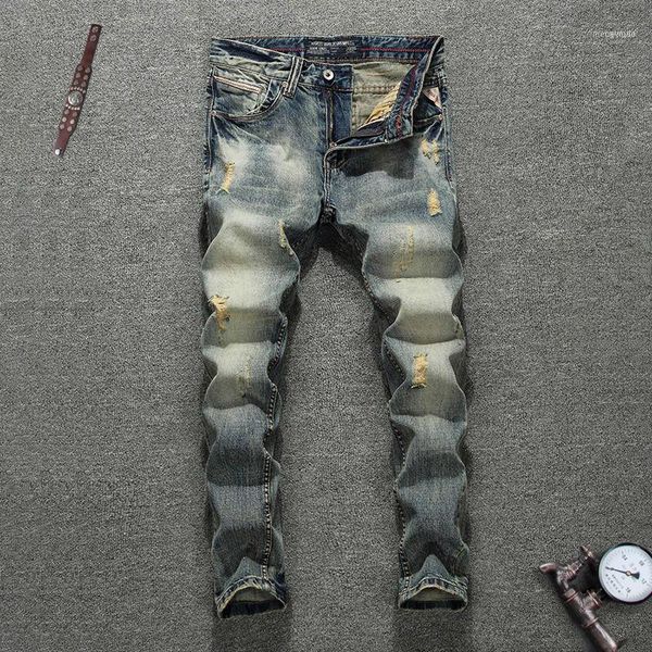 

men's jeans italian vintage style men slim fit retro wash ripped denim hip hop pants fashion streetwear classical male1, Blue