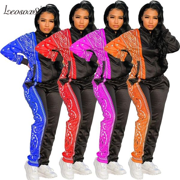 

paisley bandana print patchwork women two piece set tracksuit pockets long sleeve zipper coat pencil pants jogging suits women's, White