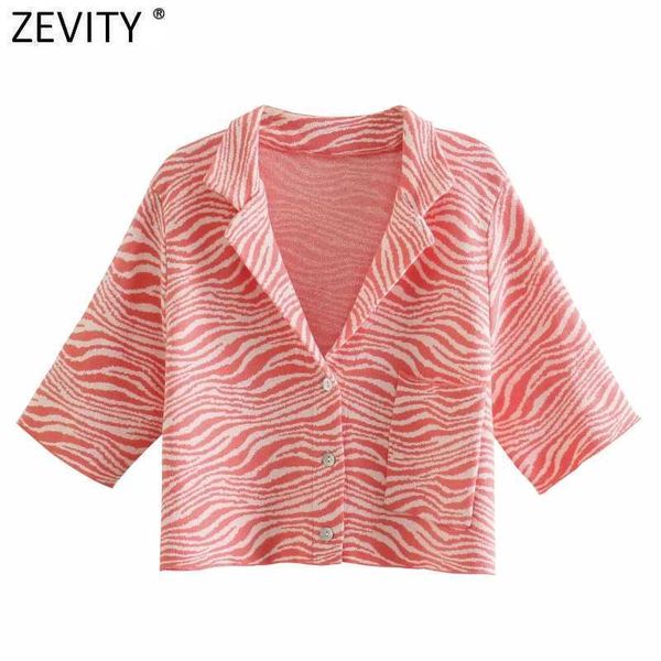 

zevity women animal striped print short jacquard shirt office lady pocket breasted blouse chic summer retro crop ls9308 210603, White